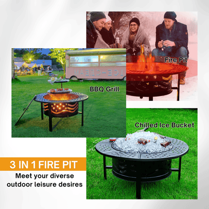 TrumanPick Fire Pit for Outside 42" Wood Burning Fire Pit Tables with 2 Adjustable Swivel BBQ Grills, Lid, Poker for Patio Backyard BBQ Ice Storage