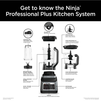 Ninja Professional Plus Kitchen System, 1400 Watts, 5 Presets for Smoothies, Chopping, Dough with Auto IQ, 72-oz.* Blender Pitcher, 64-oz. Processor Bowl, 24-oz. To-Go Cups, Black, BN800