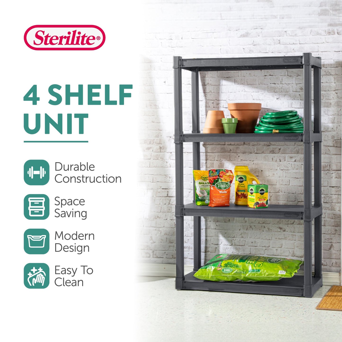 Sterilite Plastic Indoor Outdoor 4 Shelf Durable Shelving Unit, Gray, 4 Pack