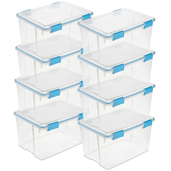 Sterilite 54-Qt Clear Plastic Stackable Storage Bin w/ Gasket Latch Lid, 8 Pack