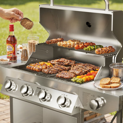 SKOK 4 Burner Propane Gas BBQ Grill with Side Burner, 58000 BTU Output for Outdoor Cooking Kitchen and Patio Backyard Barbecue