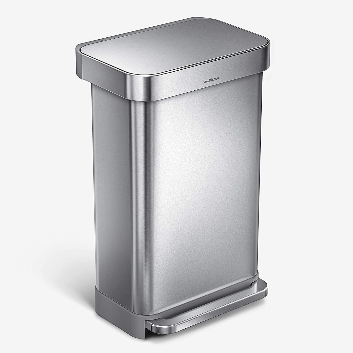 simplehuman CW2024 45-Liter Nano-Silver Clear Coat Brushed Stainless Steel Rectangular Liner Rim Step-On Trash Can
