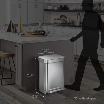 simplehuman CW2024 45-Liter Nano-Silver Clear Coat Brushed Stainless Steel Rectangular Liner Rim Step-On Trash Can