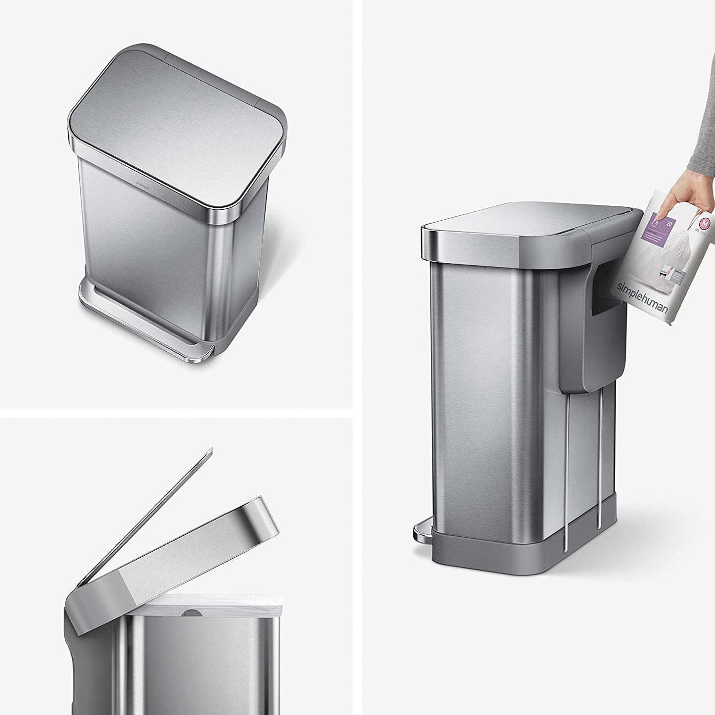 simplehuman CW2024 45-Liter Nano-Silver Clear Coat Brushed Stainless Steel Rectangular Liner Rim Step-On Trash Can