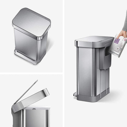 simplehuman CW2024 45-Liter Nano-Silver Clear Coat Brushed Stainless Steel Rectangular Liner Rim Step-On Trash Can