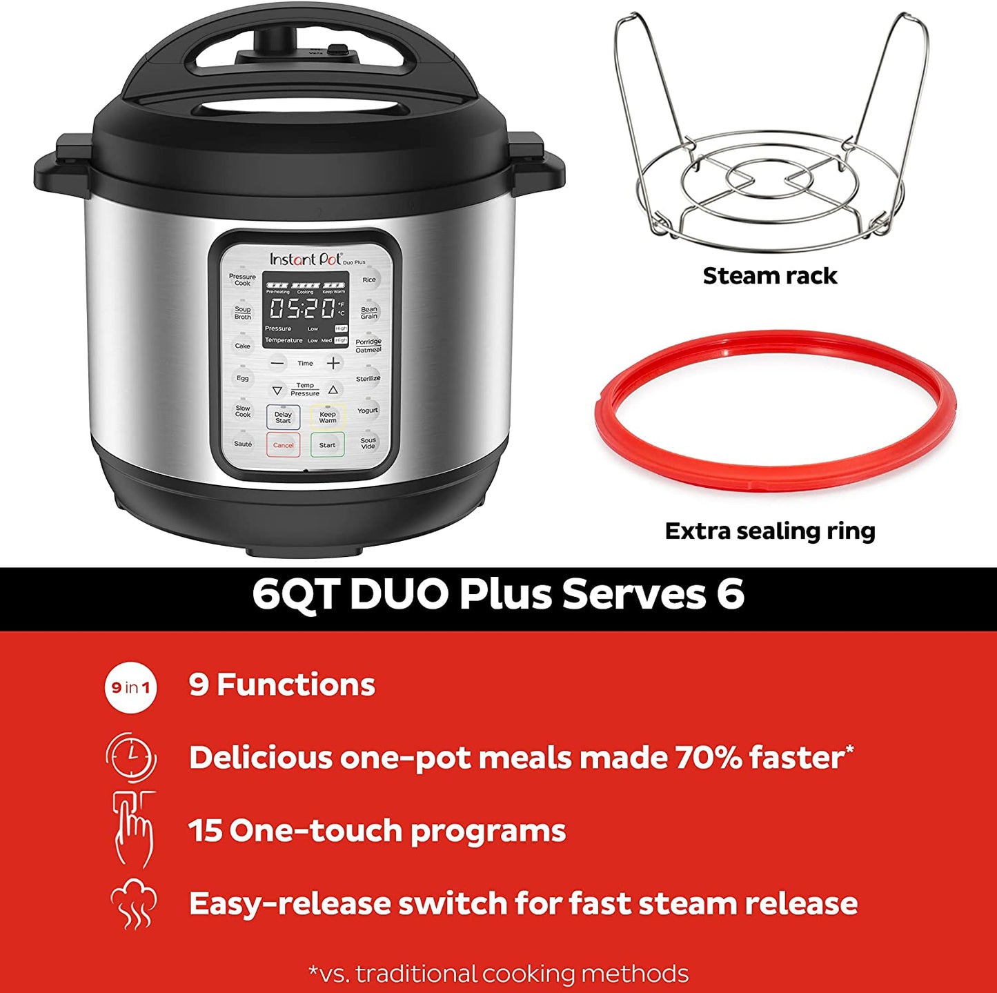 Instant Pot Duo 7-in-1 Electric Pressure Cooker, Slow Cooker, Rice Cooker, Steamer, Sauté, Yogurt Maker, Warmer & Sterilizer, Includes App With Over 800 Recipes, Stainless Steel, 6 Quart