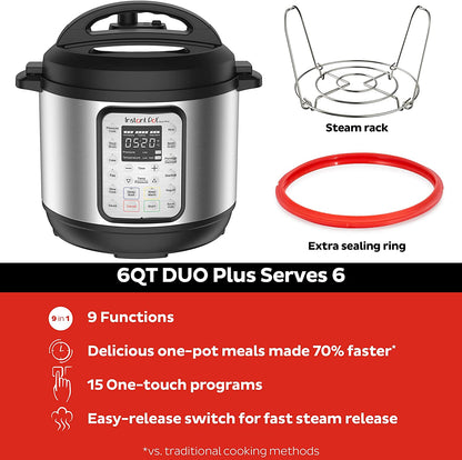 Instant Pot Duo 7-in-1 Electric Pressure Cooker, Slow Cooker, Rice Cooker, Steamer, Sauté, Yogurt Maker, Warmer & Sterilizer, Includes App With Over 800 Recipes, Stainless Steel, 6 Quart