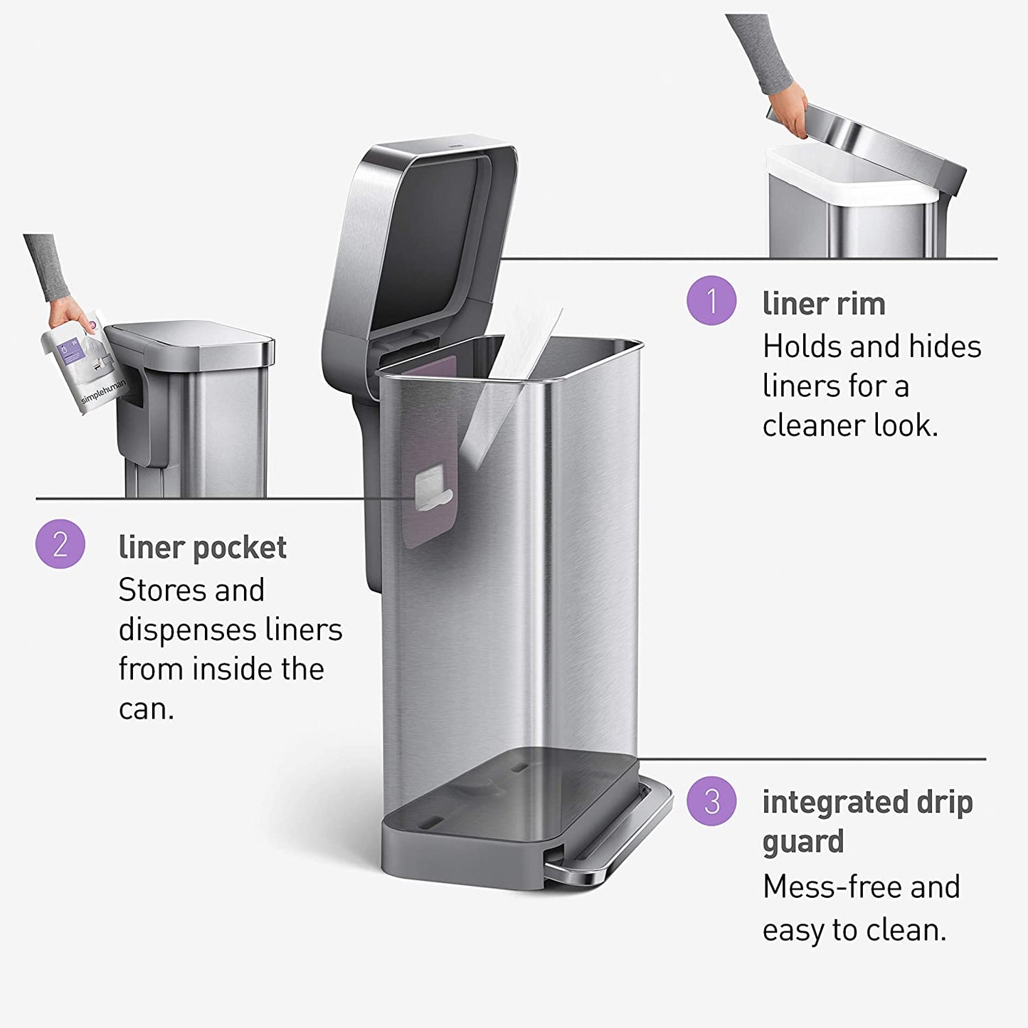 simplehuman CW2024 45-Liter Nano-Silver Clear Coat Brushed Stainless Steel Rectangular Liner Rim Step-On Trash Can
