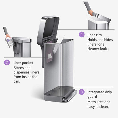 simplehuman CW2024 45-Liter Nano-Silver Clear Coat Brushed Stainless Steel Rectangular Liner Rim Step-On Trash Can