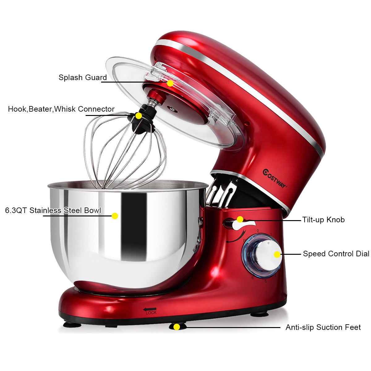 Costway Electric Food Stand Mixer 6 Speed 6.3Qt 660W Tilt-Head Stainless Steel Bowl