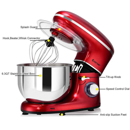 Costway Electric Food Stand Mixer 6 Speed 6.3Qt 660W Tilt-Head Stainless Steel Bowl