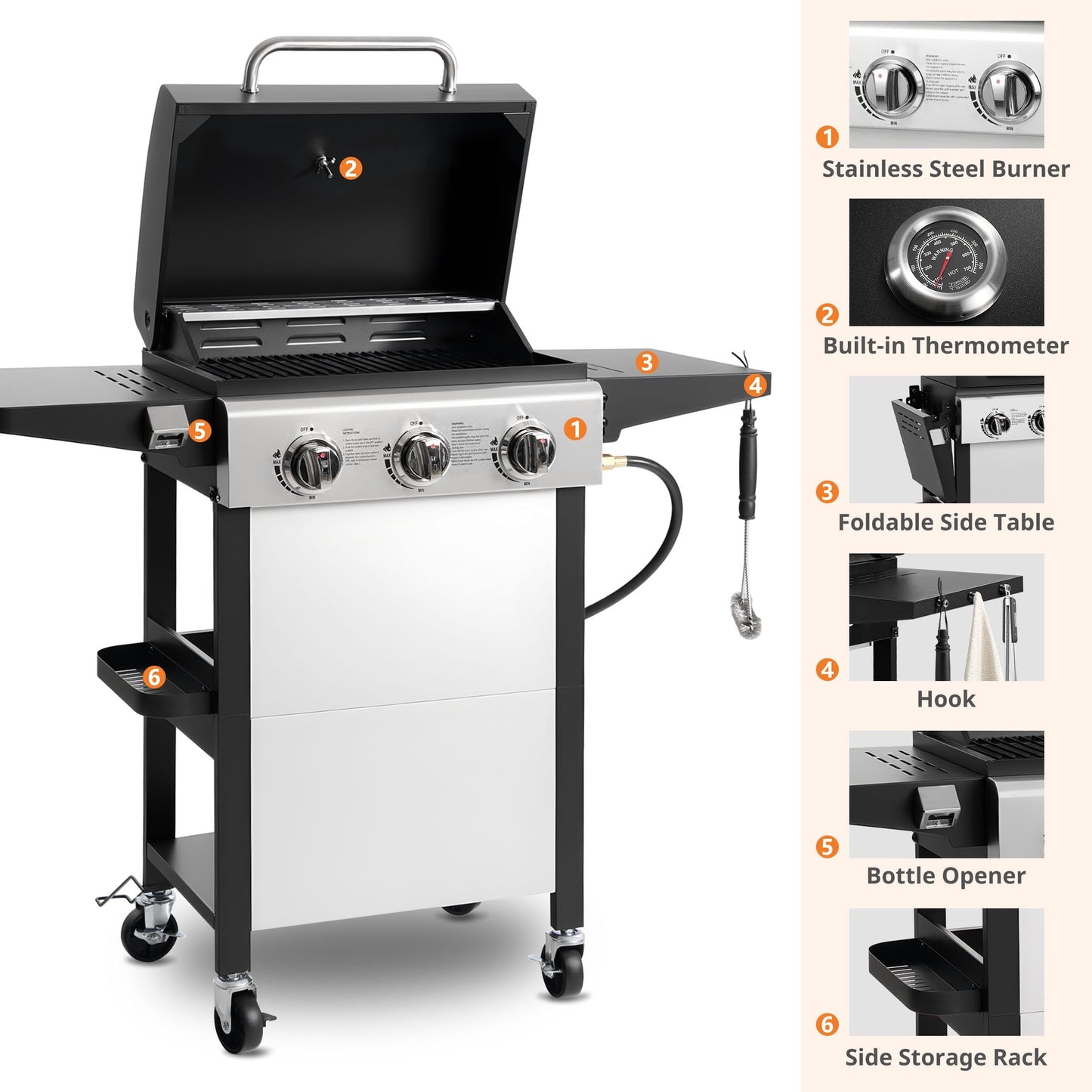 Enyopro 3-Burner Propane Gas Grill, 30000 BTU BBQ Grill with Foldable Side Table, Stainless Steel Warming Rack, Hooks, and Built-In Bottle Opener for Outdoor Barbecue