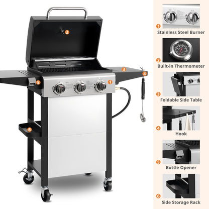 Enyopro 3-Burner Propane Gas Grill, 30000 BTU BBQ Grill with Foldable Side Table, Stainless Steel Warming Rack, Hooks, and Built-In Bottle Opener for Outdoor Barbecue