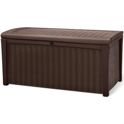 Keter Borneo 110 Gallon Rattan Wicker Resin Patio Deck Storage Box Bench, Brown