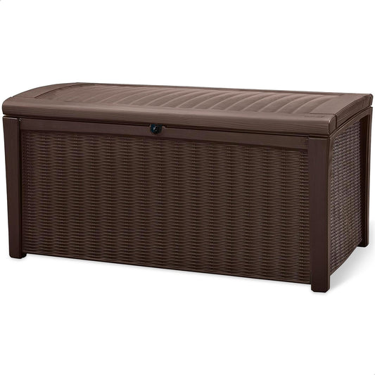 Keter Borneo 110 Gallon Rattan Wicker Resin Patio Deck Storage Box Bench, Brown