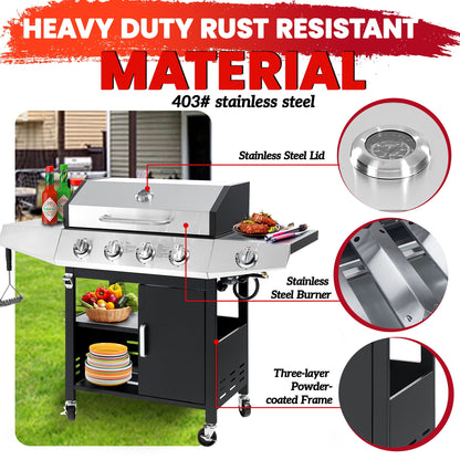 Seizeen 4-Burner Stainless Steel Gas Grill with Side Burner, 46,790 BTU, Enameled Cast Iron Grate, Outdoor BBQ