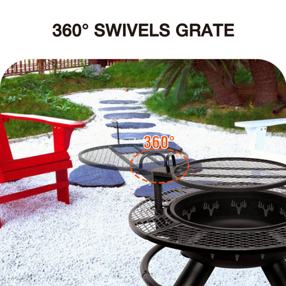 Bestier Fire Pit with Grills Grate, 47" Outdoor Firepit for Outside Wood Burning, Round Metal Fire Pits for Patio, Picnic, Party, BBQ, Deer Head Style