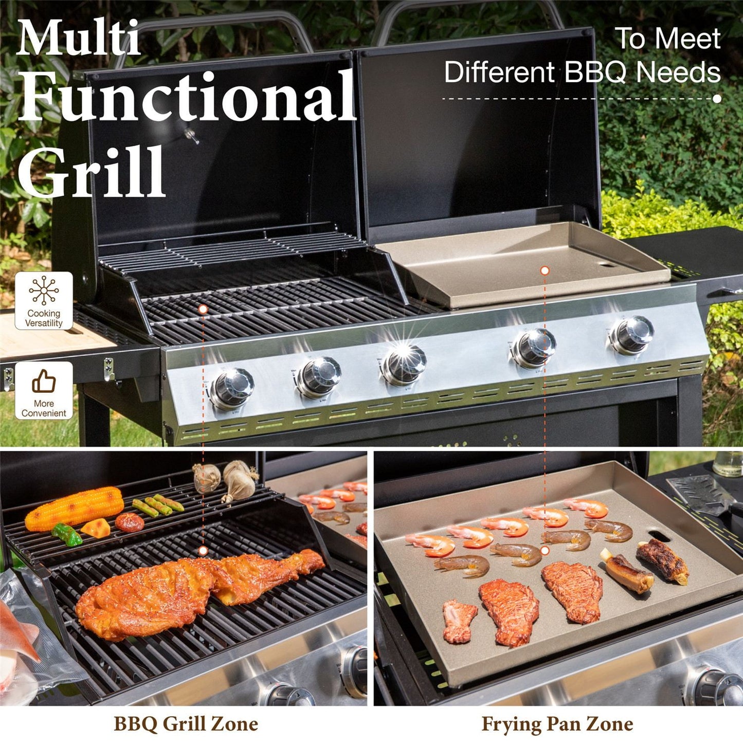 Summit Living 5-Burner Outdoor Propane Gas Grill and Griddle Combo BBQ Grill with Lid 54,000 BUT