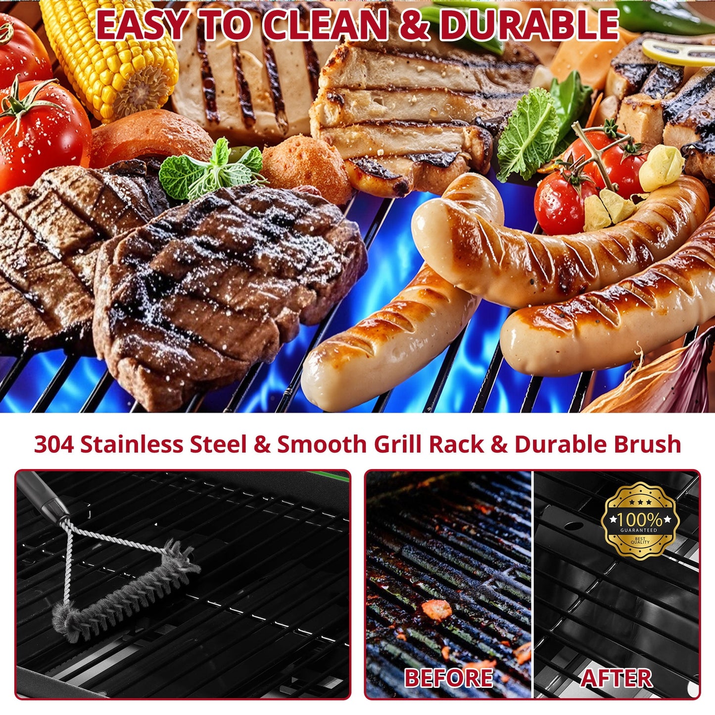 4000BTU Propane Gas Grill, Seizeen Stainless Steel 4-Burner BBQ Grill , Outdoor Patio Camping Portable Grill w/Foldable Side Table, Hanging Basket, Steel Brush, Universal Wheels
