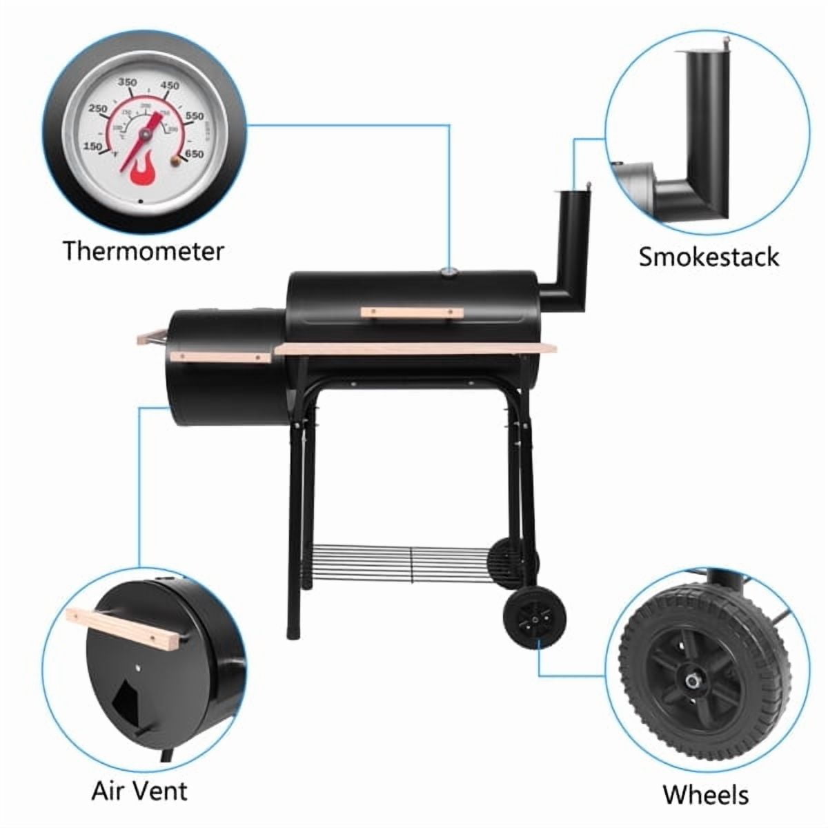 YDLW Charcoal Offset Smoker Grill - Family-Size 4-6 Person BBQ with Temperature Control & Portable Wheels