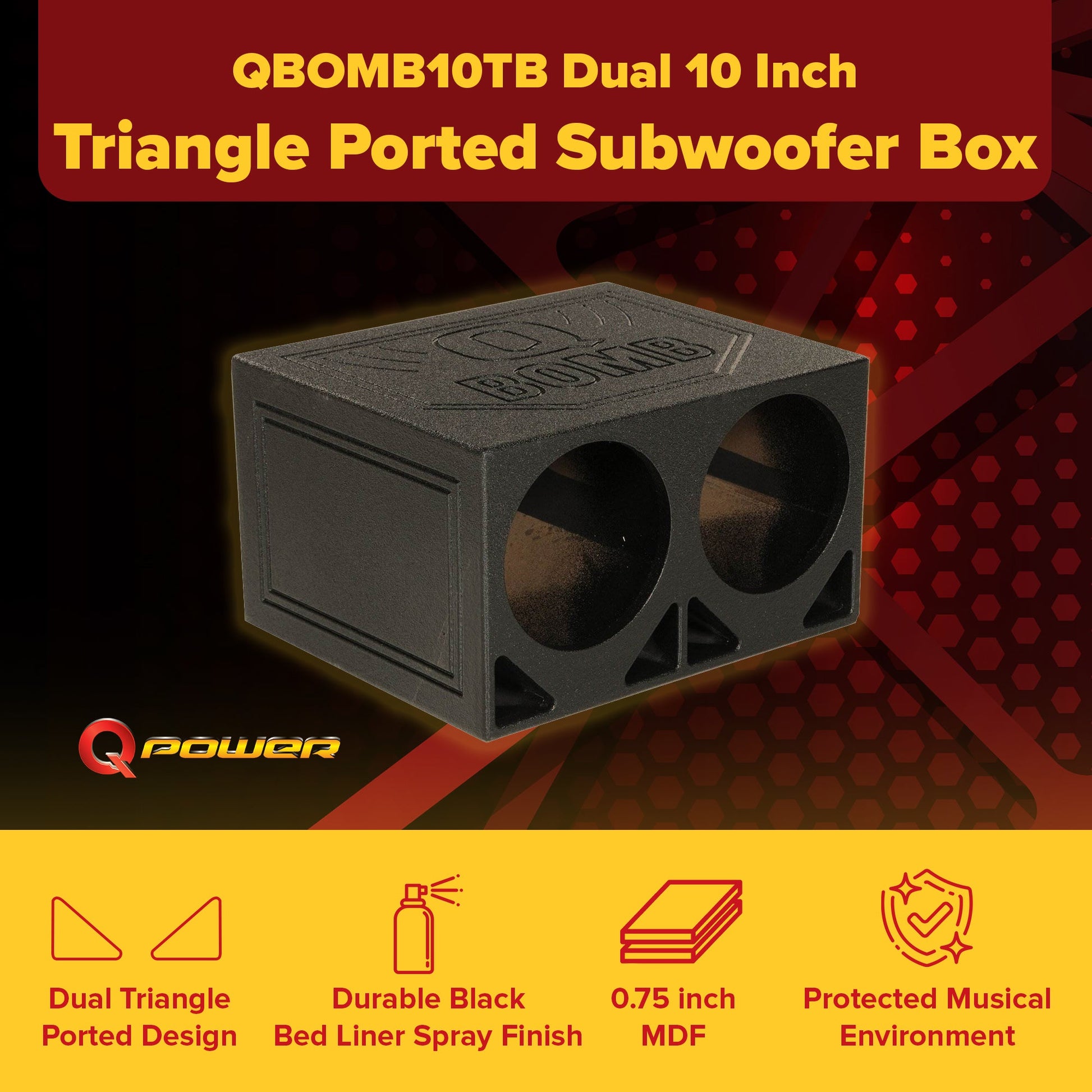 QPower QBOMB10TB Dual 10 Inch Triangle Ported Subwoofer Box w/ Bedliner Spray - Find Fresh Goods