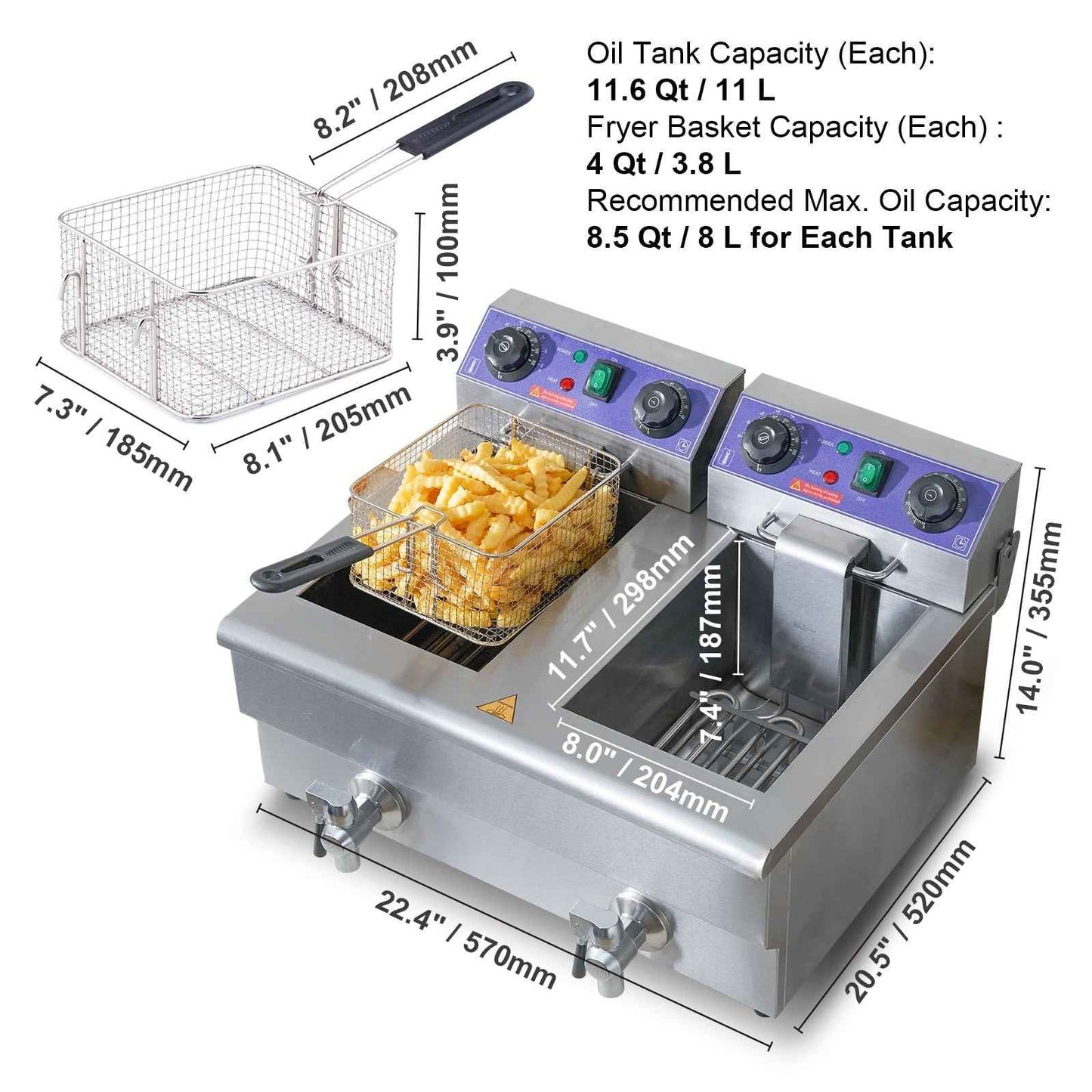 KFFKFF Industrial Dual Chamber Fryer, 3000W Electric Tabletop Cooking Unit with Basket, 2 x 11.6Qt/11L Twin Stainless Steel Oil Fryer with Oil Purification, Adjustable Time & Temperature