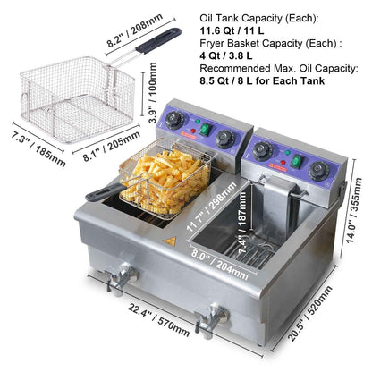 KFFKFF 3000W 2-Basket Commercial Electric Deep Fryer, Stainless Steel