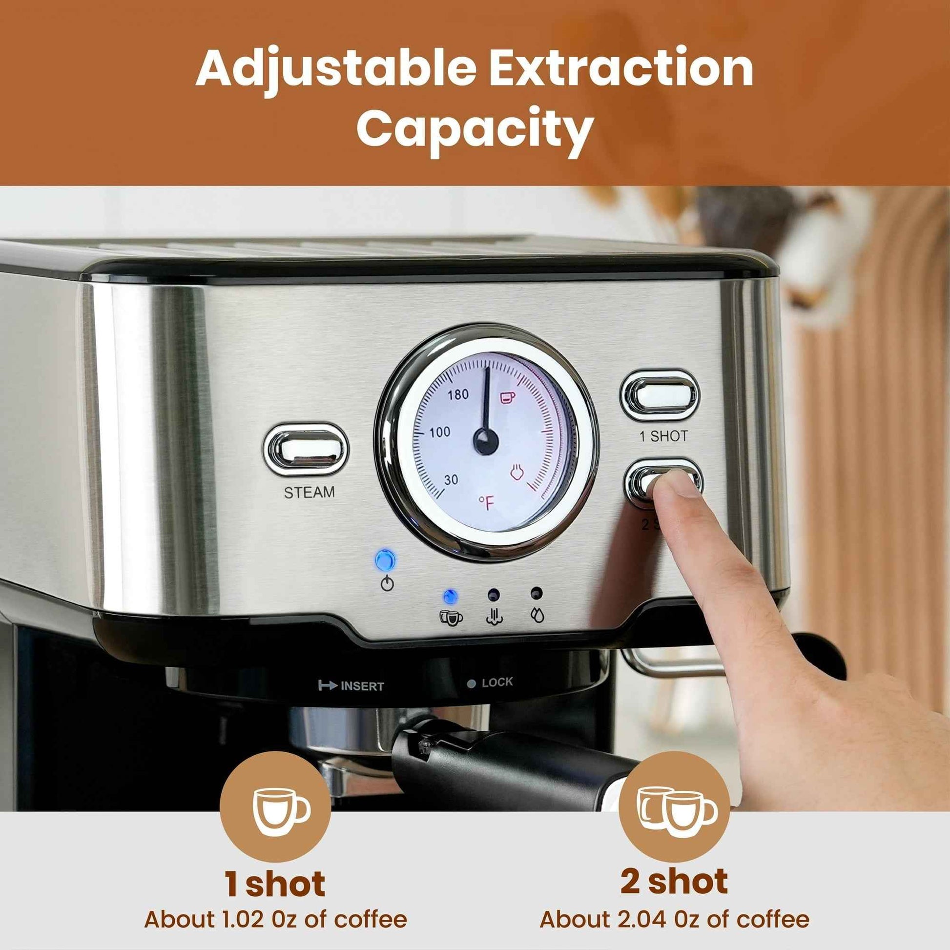 GEVI 20 Bar Stainless Steel Espresso Machine with Milk Frother Wand and Dual Temperature Control, GECME403L-U