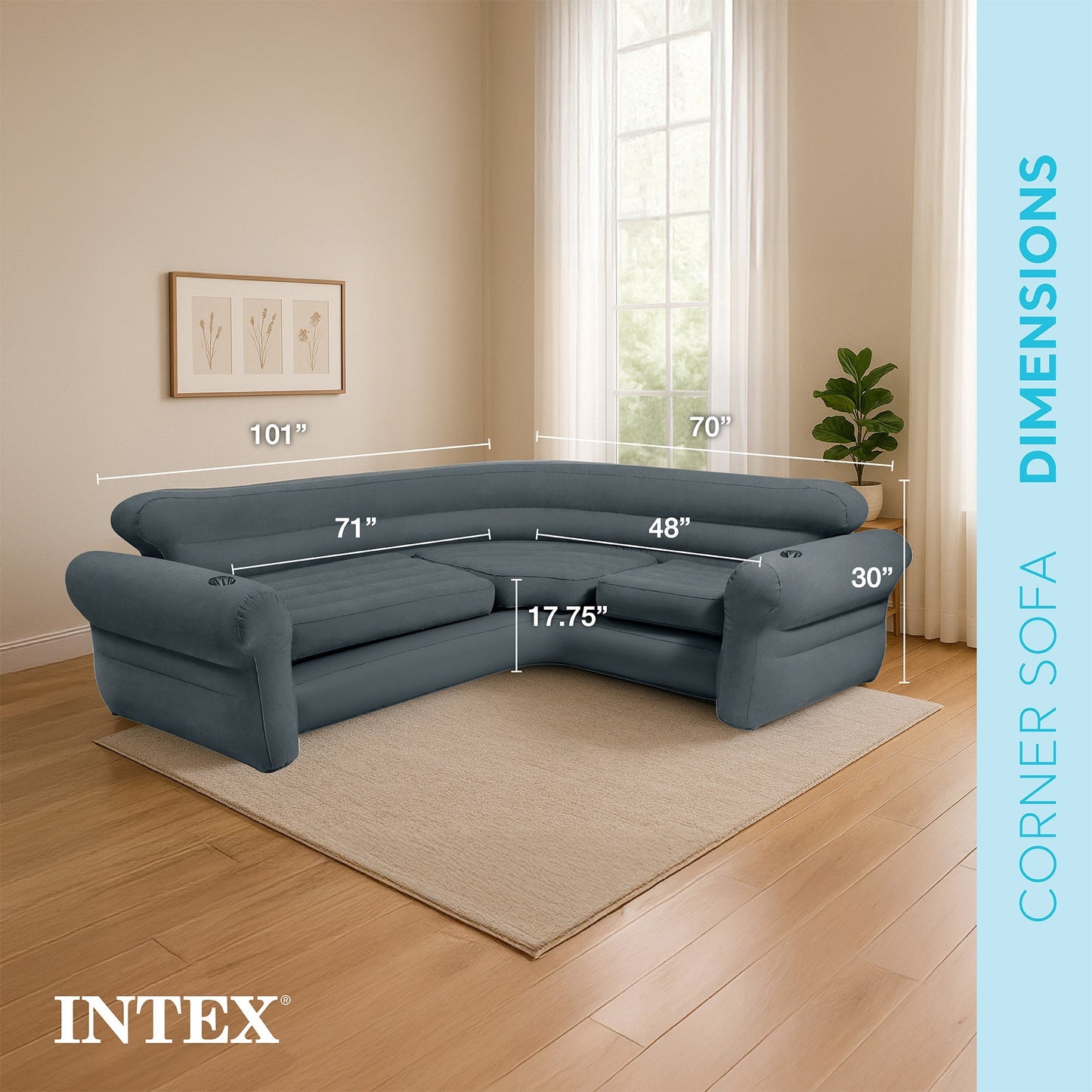 Intex Corner Sofa L-Shaped Inflatable Lounge Couch w/ Cupholders, Gray (2 Pack)