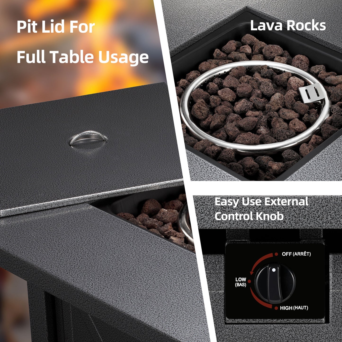 LHRIVER 28" Outdoor Propane Fire Pit Table, 40000 BTU  Steel Gas Fire Pit with Removable Lid, Lava Rocks & Rain Cover