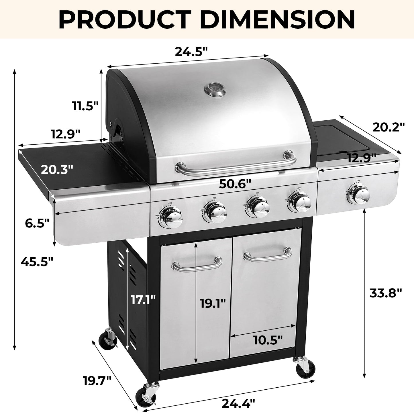 Pirecart 4 Burner Propane Gas Grill Stainless Steel BBQ Grill with 12,000 BTU Side Burner for Outdoor Cooking Kitchen and Patio Backyard Barbecue