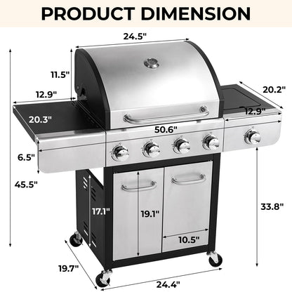 Pirecart 4 Burner Propane Gas Grill Stainless Steel BBQ Grill with 12,000 BTU Side Burner for Outdoor Cooking Kitchen and Patio Backyard Barbecue