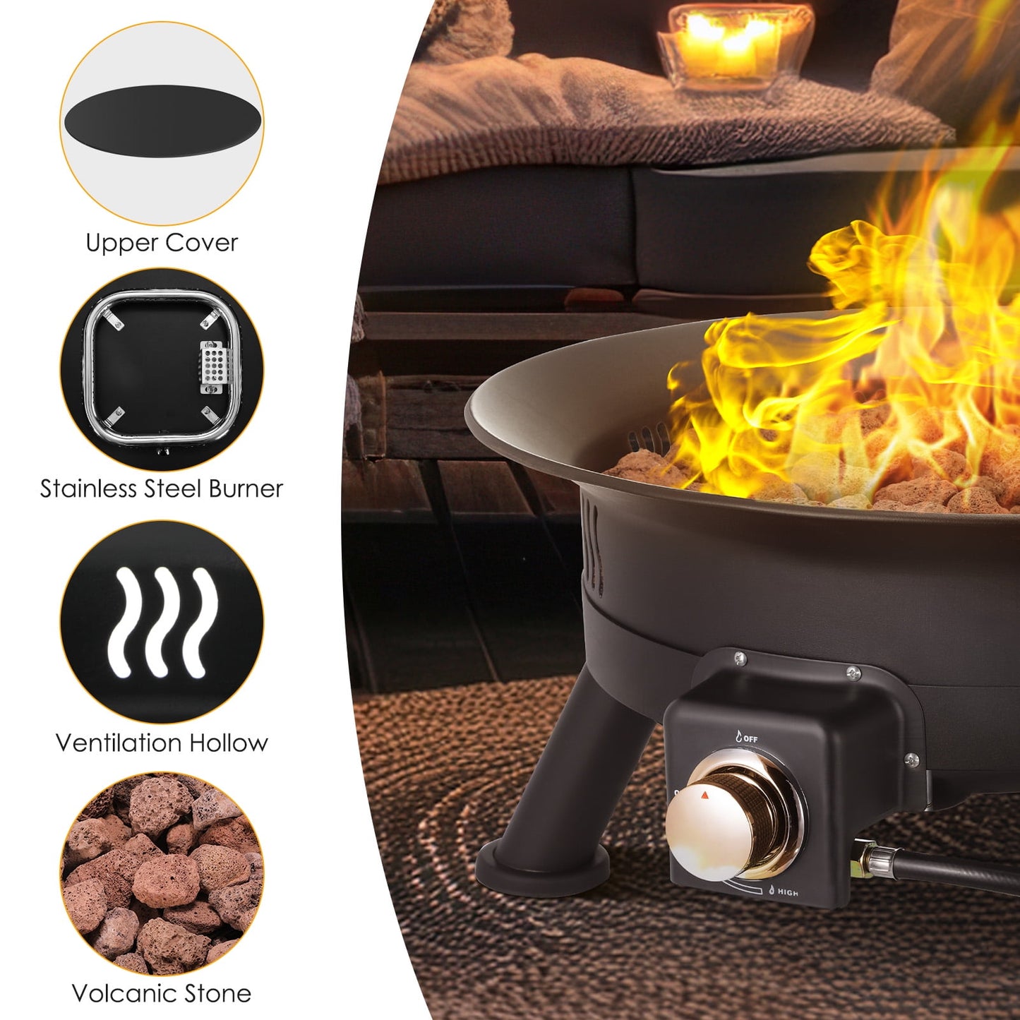 Pirecart 24 inch Portable Fire Pit 58,000 BTU Outdoor Propane Gas Fire Pit Bowl with Cover & Lava Rock