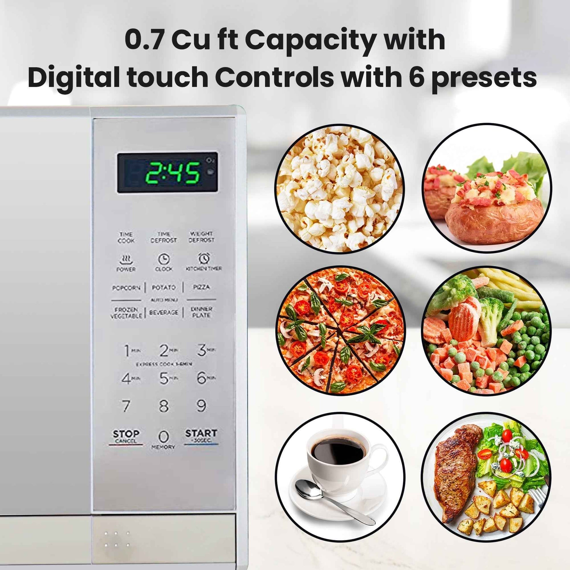 Total Chef Compact Countertop Microwave Oven, 700W, 0.7 Cubic Feet Capacity, Digital Touchscreen Controls, 6 Pre-Set Cooking Modes, Silver Stainless Steel