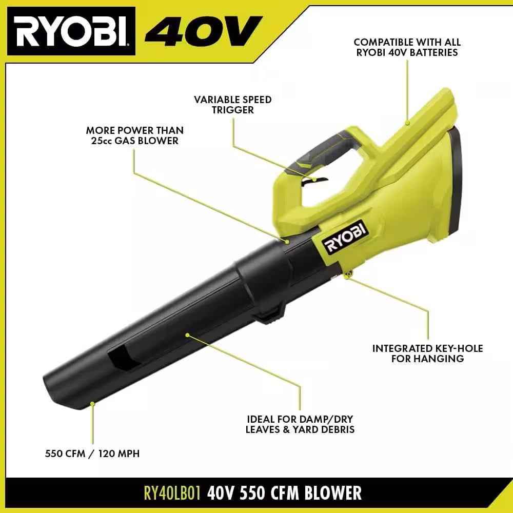 RYOBI 40-Volt Lithium-Ion Cordless Variable-Speed 120 MPH 550 CFM Leaf Blower (Tool-Only); Battery and Charger Not Included, Green, RY40LB01B