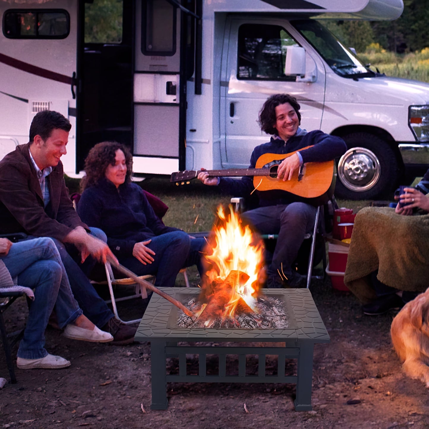 LAZY BUDDY Steel Fire Pits for Outside, 32'' Square Wood Burning Firepit Table with Mesh Lid, BBQ Net, Poker, and Cover for Outdoor Patio Backyard Bonfire Party