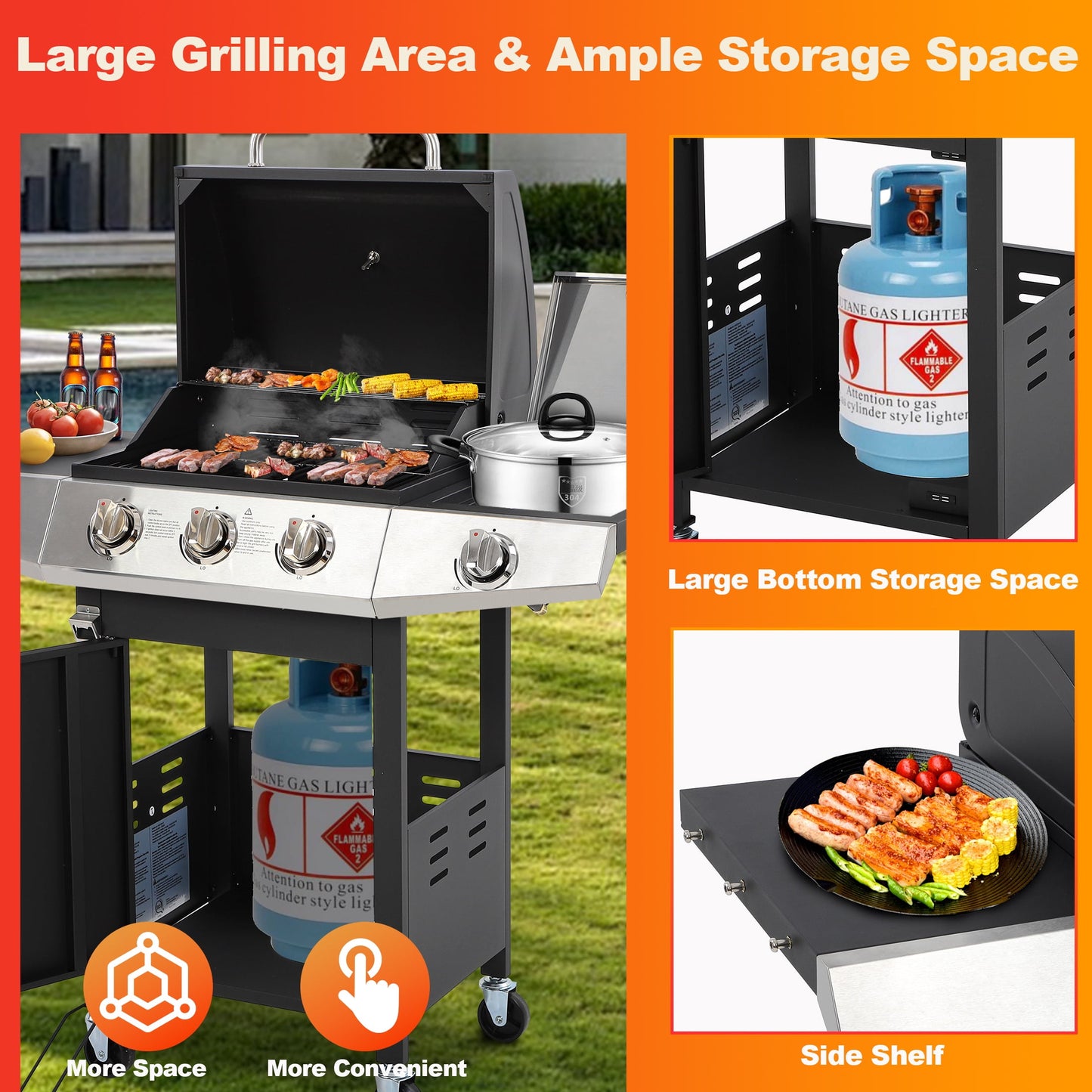 SEGMART 3 Burner Propane Gas Grill with Side Burner, Stainless Steel 40,000 BTU Outdoor Cooking BBQ Grill with Lid, Wheels, Shelves and Bottle Opener for Outdoor Cooking Picnic