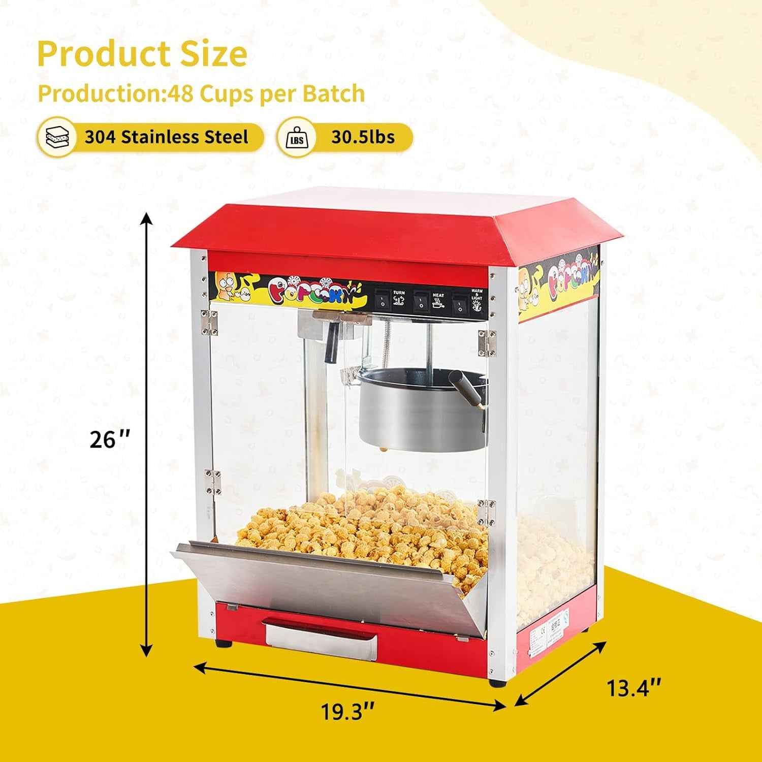 Pipleo 10 oz Commercial Hot Air Popcorn Maker, Popcorn Popper 1300W 60 Cups per Batch New