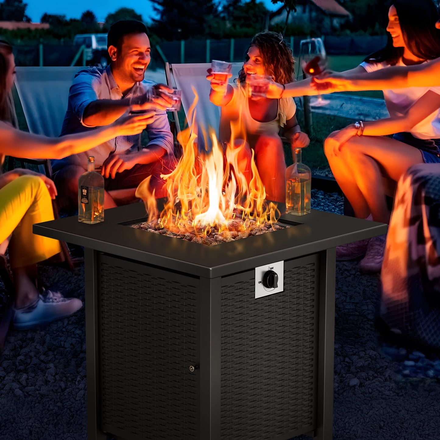 KingChii 28 inch Propane Fire Pit with Lid and Lava Rock, 50,000 BTU Steel Gas Fire Pit Table for Outdoor, Garden, Patio and Backyard, Black