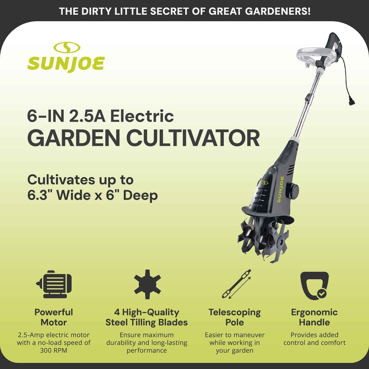 Sun Joe Electric Corded Garden Cultivator with 2.5 Amp Motor & Steel Blades, Green, TJ599E