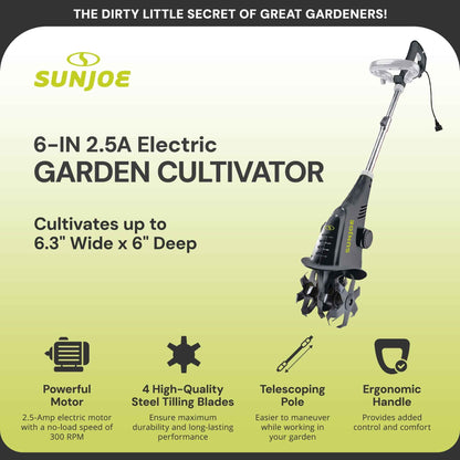 Sun Joe Electric Corded Garden Cultivator with 2.5 Amp Motor & Steel Blades, Green, TJ599E