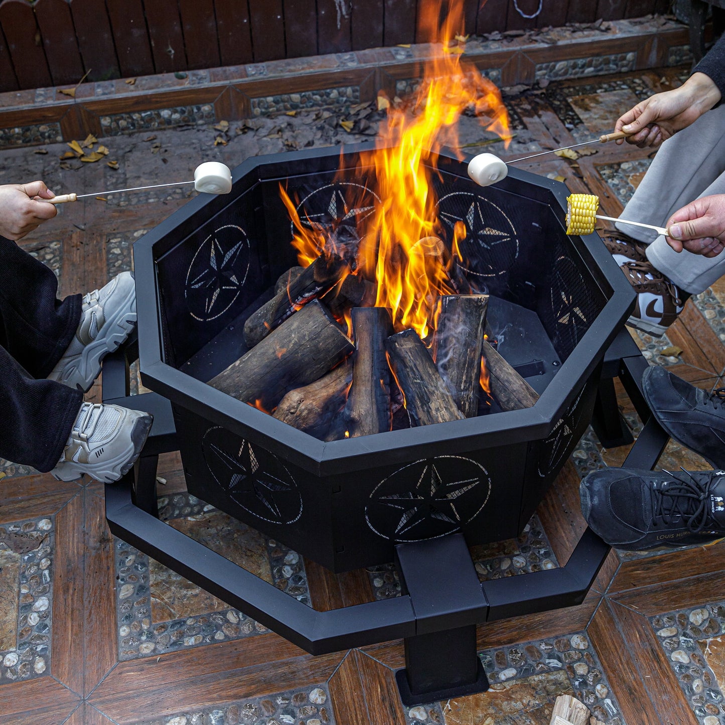 MistMo Octagon Wood Fire Pit, 35" Metal Outdoor Firepit for Patio Party Black