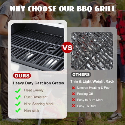 Nice Cooker 3-Burner Propane Gas Grill with Side Burner, 37000 BTU Outdoor BBQ Grill with Porcelain-Enameled Cast Iron Grates, Double Layer Lid, Built-in Thermometer Stainless Steel Grill for Outdoor