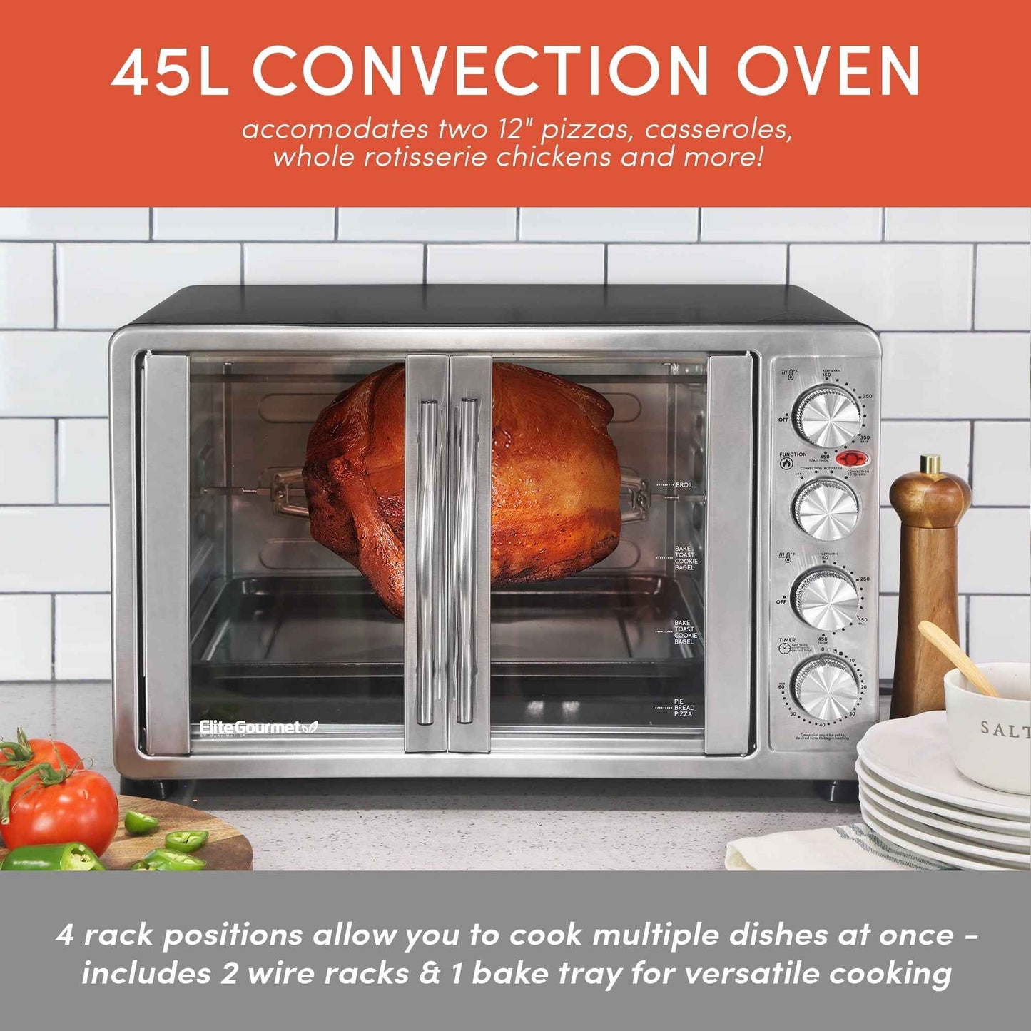Elite Gourmet ETO-4510M New Double Door Oven with Rotisserie and Convection