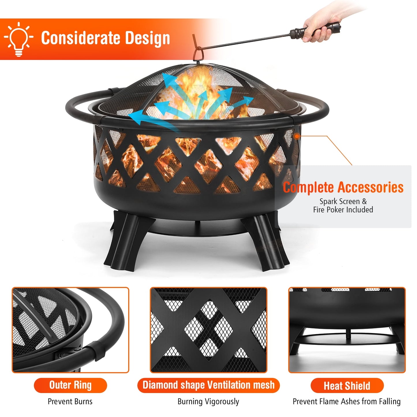 Singlyfire 30 inch Fire Pit for Outside 2 in 1 BBQ Wood Burning Fire Pit for Outdoor Camping Large Fire Pit Wood Bowl Firepit with Grate Spark Screen Log Grate