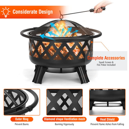 Singlyfire 30 inch Fire Pit for Outside 2 in 1 BBQ Wood Burning Fire Pit for Outdoor Camping Large Fire Pit Wood Bowl Firepit with Grate Spark Screen Log Grate