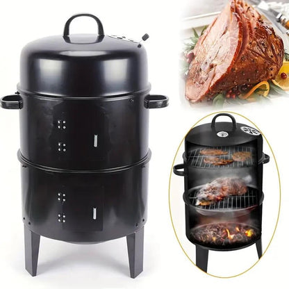 TOPTENG Vertical Charcoal BBQ Smoker, 3-in-1 16" Round Charcoal Barbecue Grill with 2 Cooking Area, and Thermometer for Outdoor Camping Picnic Backyard Cooking, Black