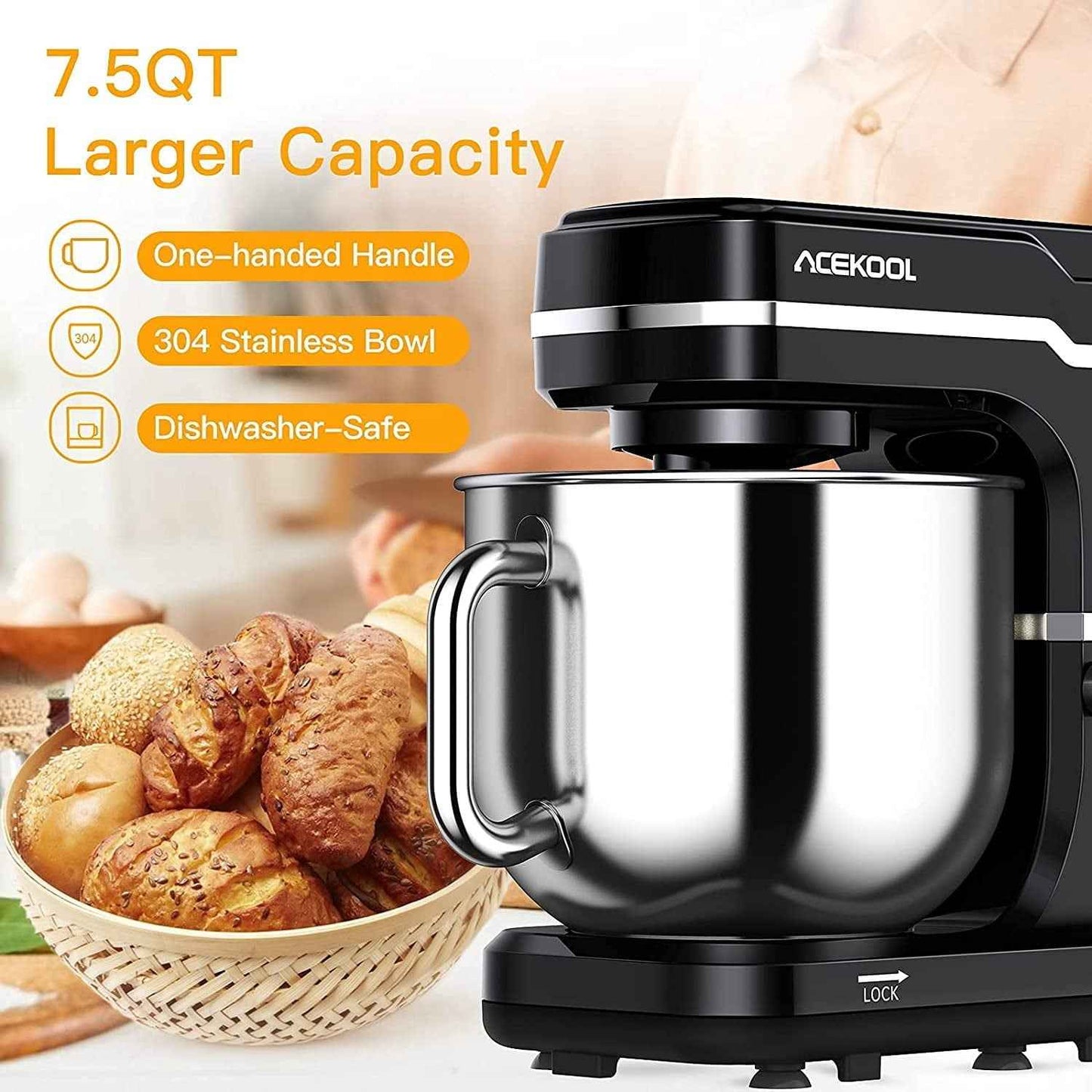 Stand Mixer, Acekool 7.5 Qt 10 Speed Tilt Head Electric Mixer, Black