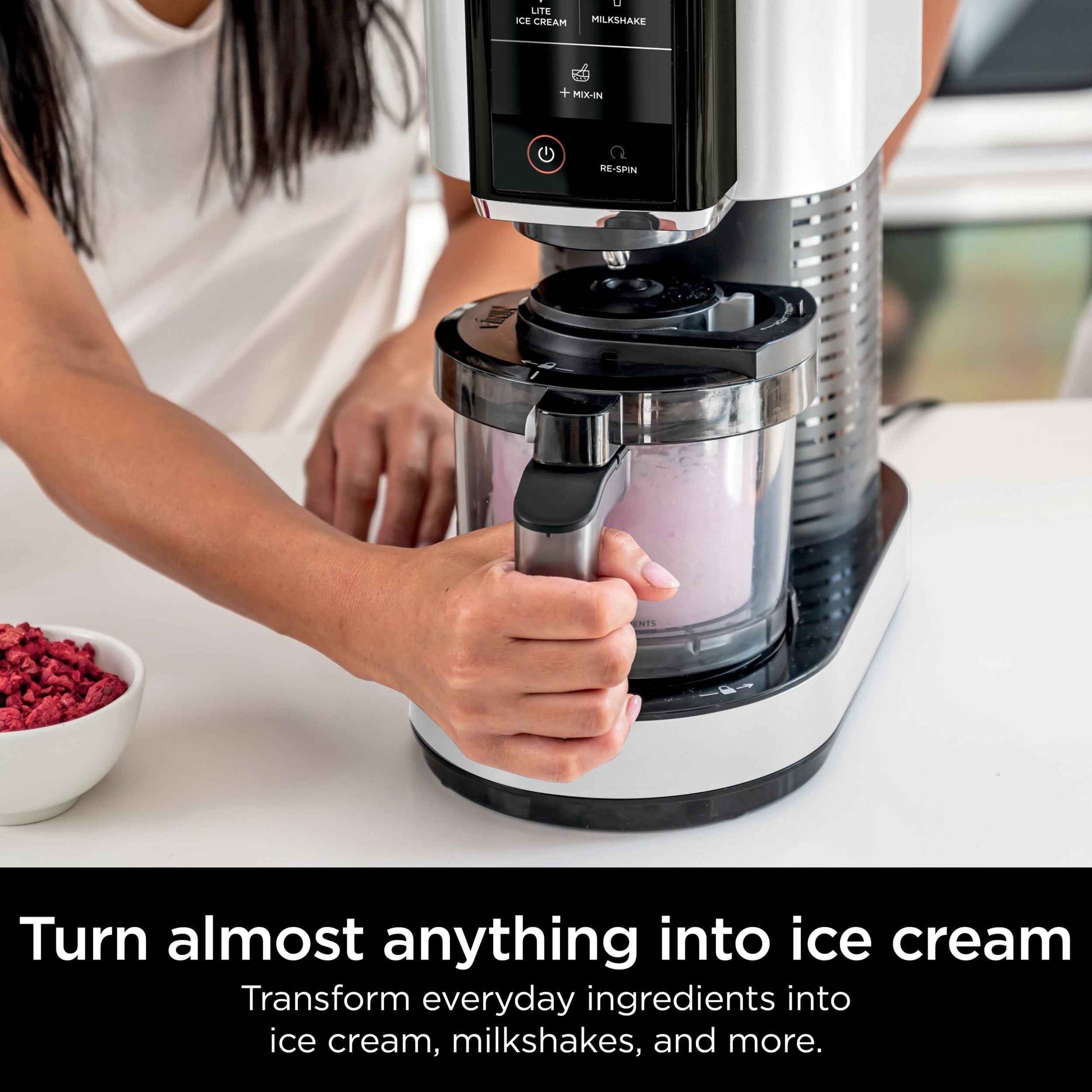 Ninja CREAMi Ice Cream Maker, for Gelato, Mix-ins, Milkshakes, Sorbet, Smoothie Bowls & More, 5 One-Touch Programs, with (2) 16 oz Pint Containers & Lids, Perfect for Kids, White, NC300WH