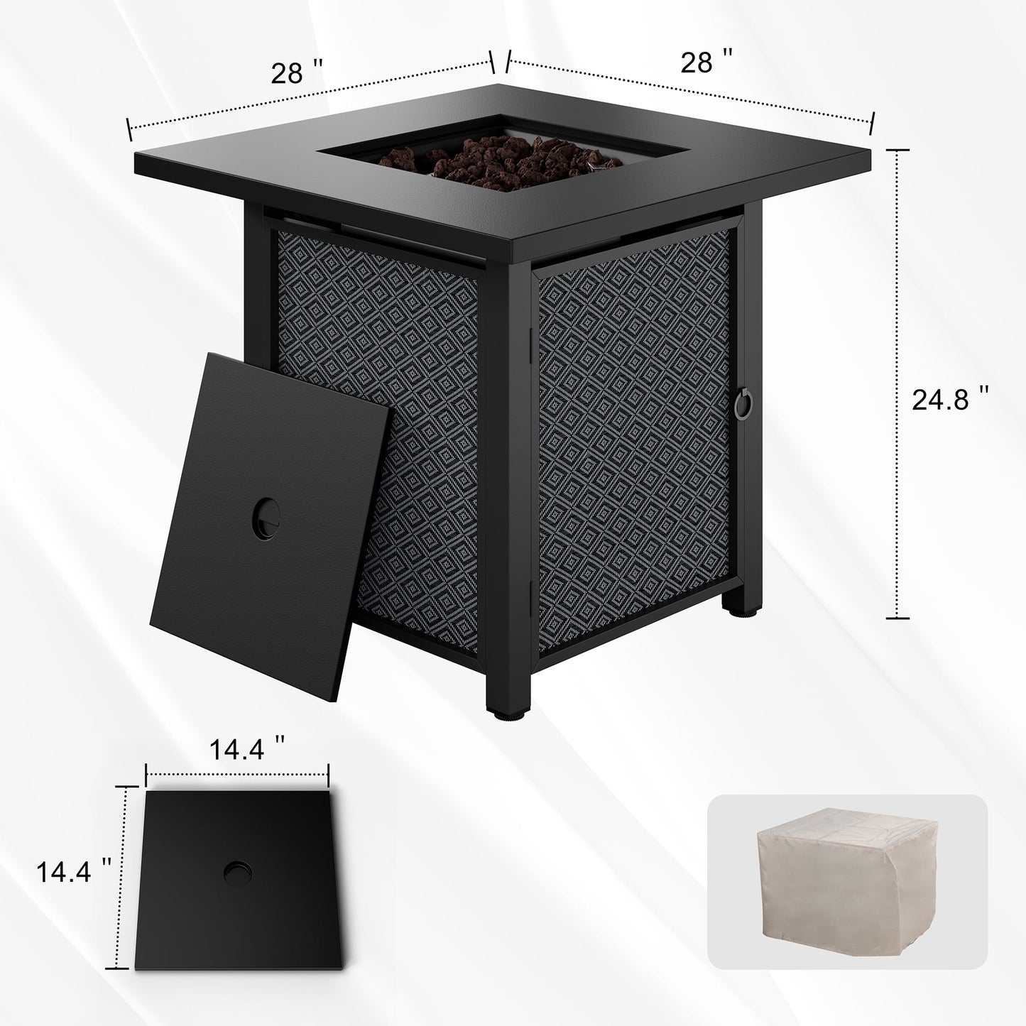 Walsunny 28" Propane Fire Pit Table Outdoor Gas Fire Pit with Lava Rocks 50,000 BTU Square Fire Table with Lid,Waterproof Cover